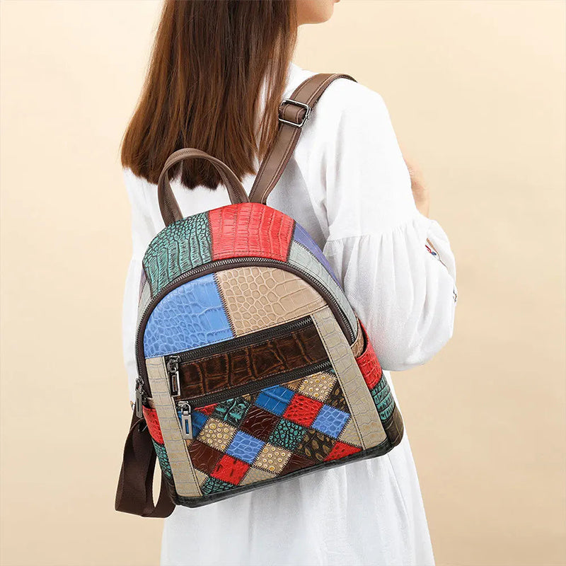 Petit Sac à Dos Femme Rétro - Cuir Patchwork