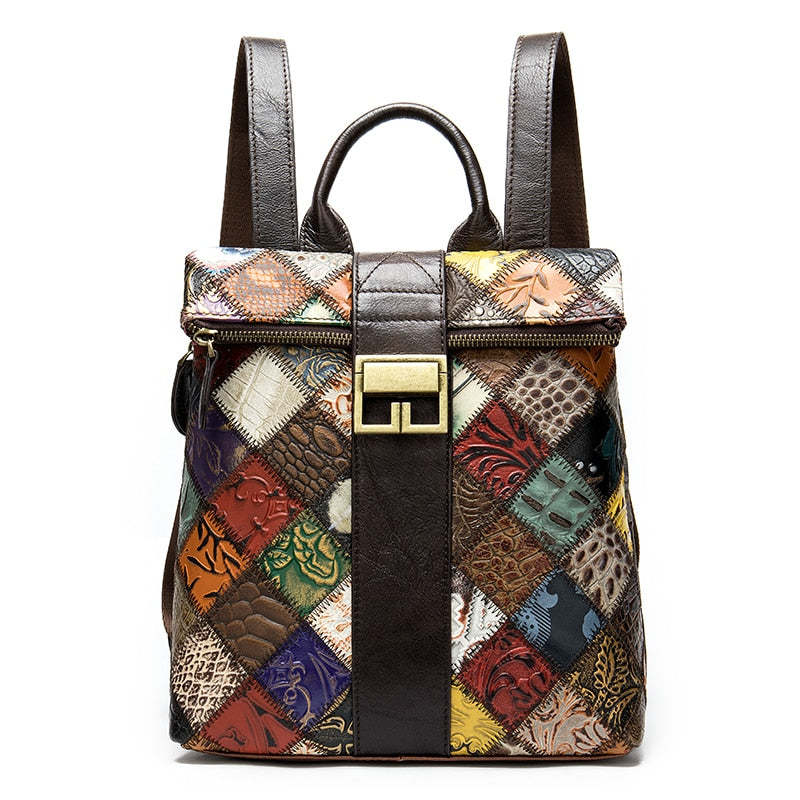 Sac à Dos Femme Multicolore Patchwork - Cuir Véritable