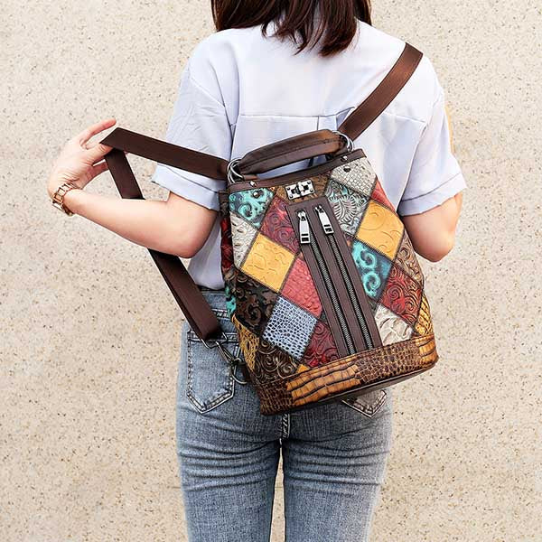 Sac à Dos Femme Convertible - Patchwork Unique - Cuir Véritable - LDB-00469