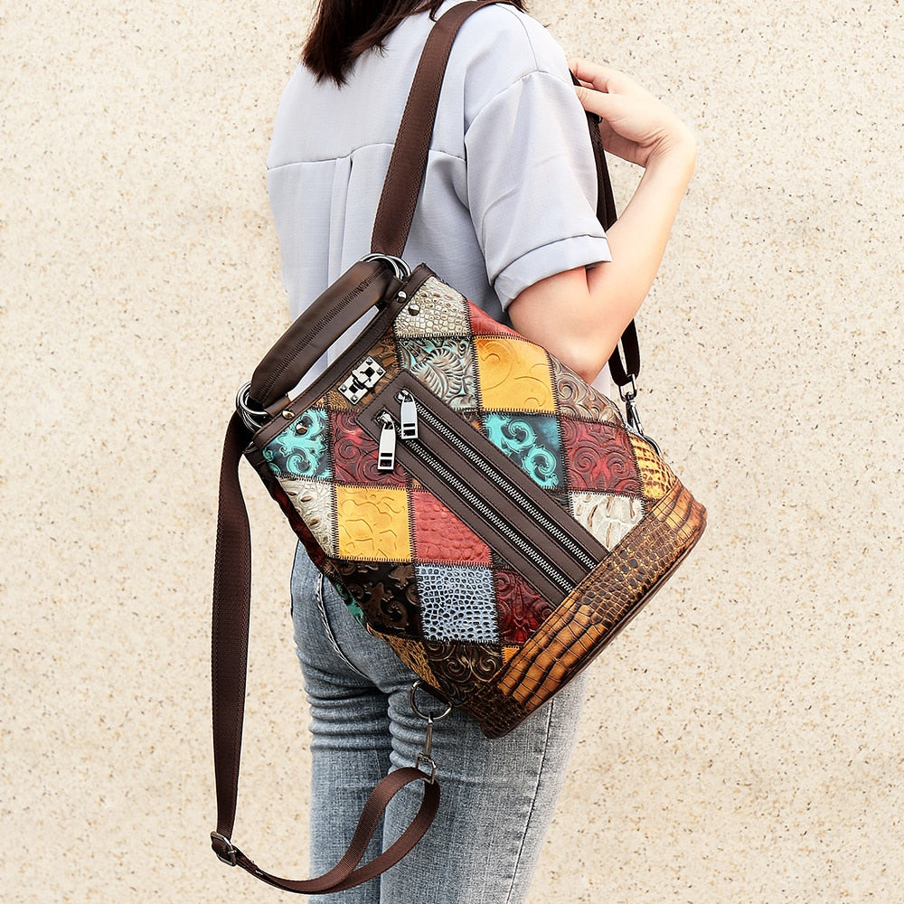 Sac à Dos Femme Convertible - Patchwork Unique - Cuir Véritable - LDB-00469