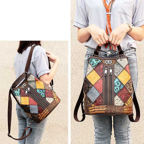 Sac à Dos Femme Convertible - Patchwork Unique - Cuir Véritable - LDB-00469