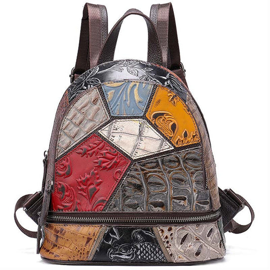 Sac à Dos Femme - Sac Cartable Cuir Véritable - Patchwork Fait Main - LDB-00465